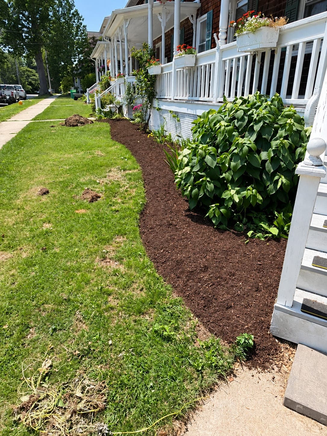 Freshly mulched curved bed with a large leafy shrub below a white porch railing lined with flower boxes