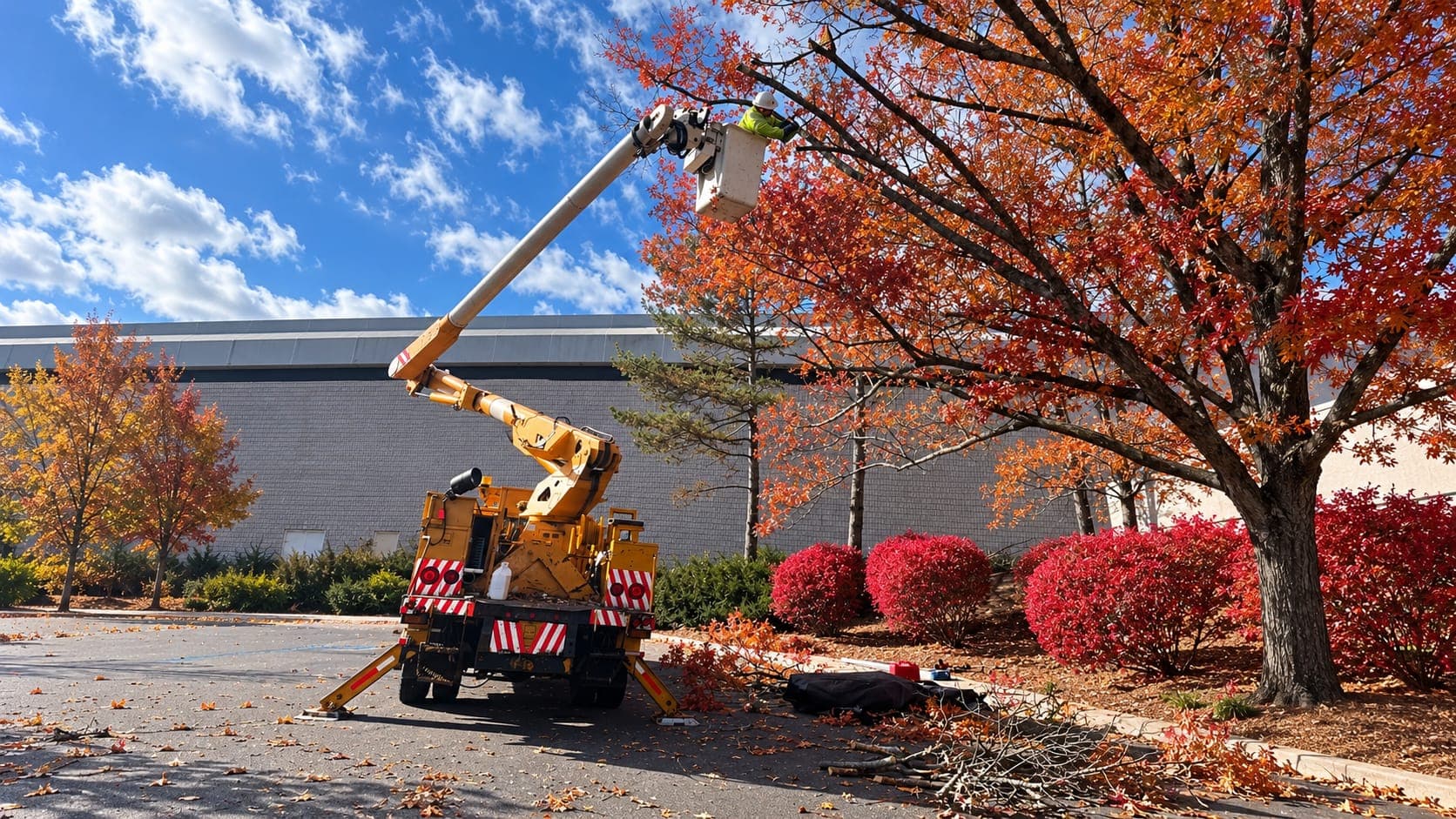Yellow bucket truck with outriggers down lifting a worker into an orange fall tree in a parking lot beside red shrubs