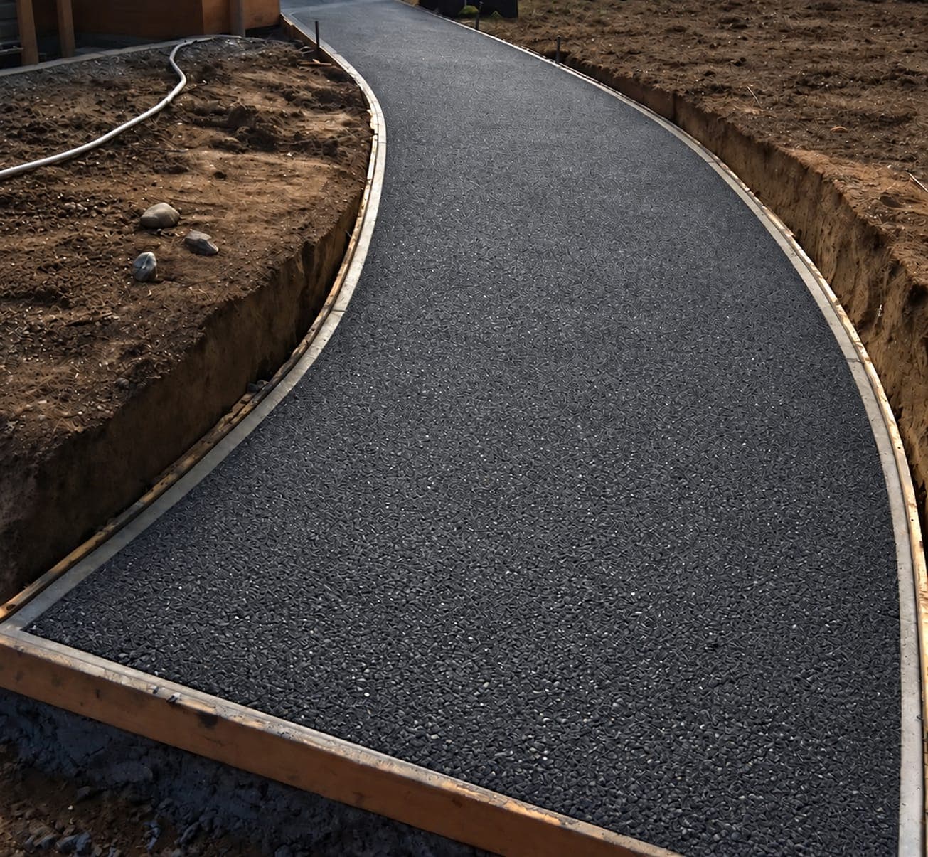 Curving black asphalt walkway set between wooden edging boards, with banks of excavated soil on both sides