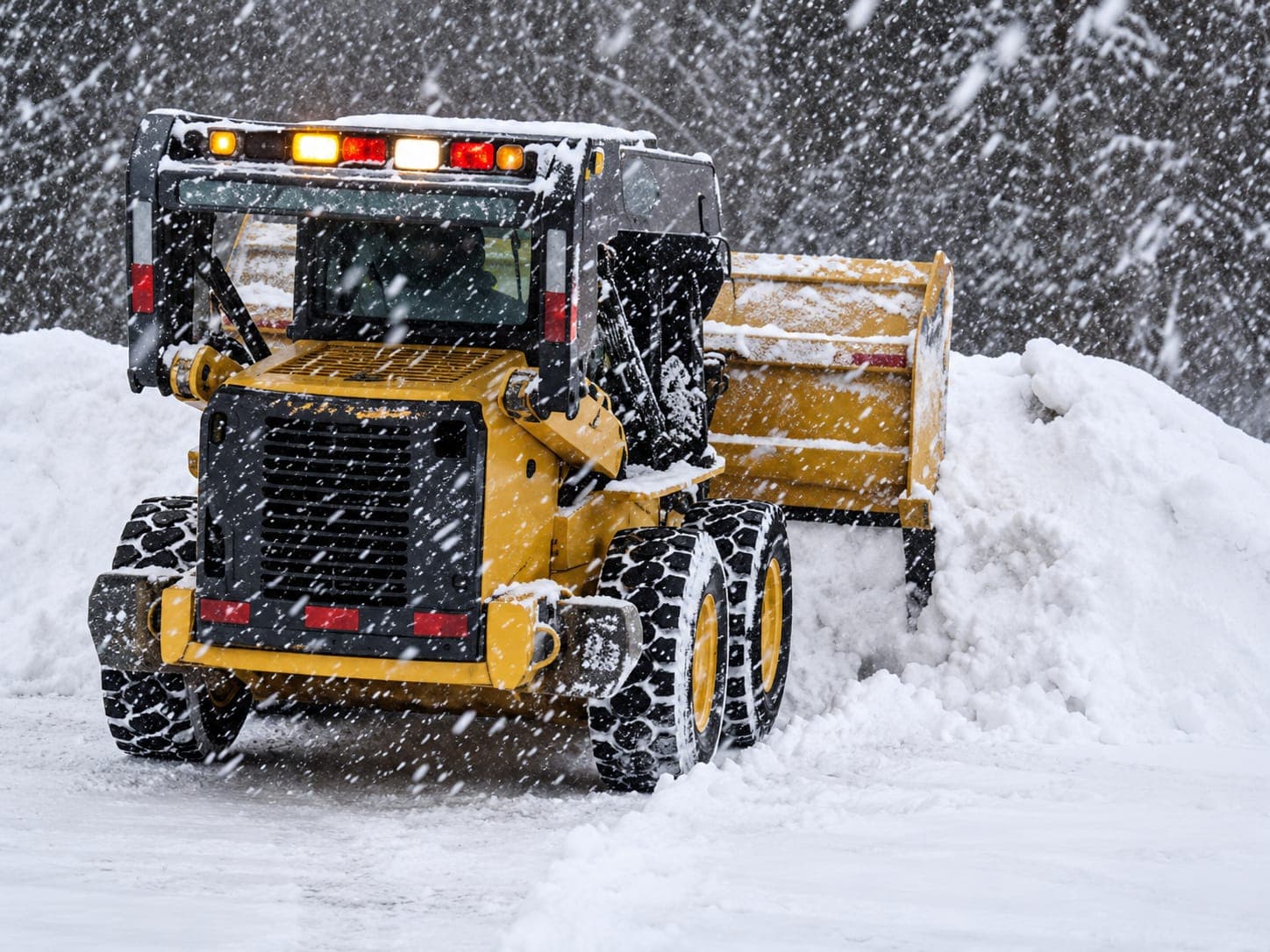 Yellow loader with its roof lights on pushing snow into a tall pile with a box plow during heavy daytime snowfall
