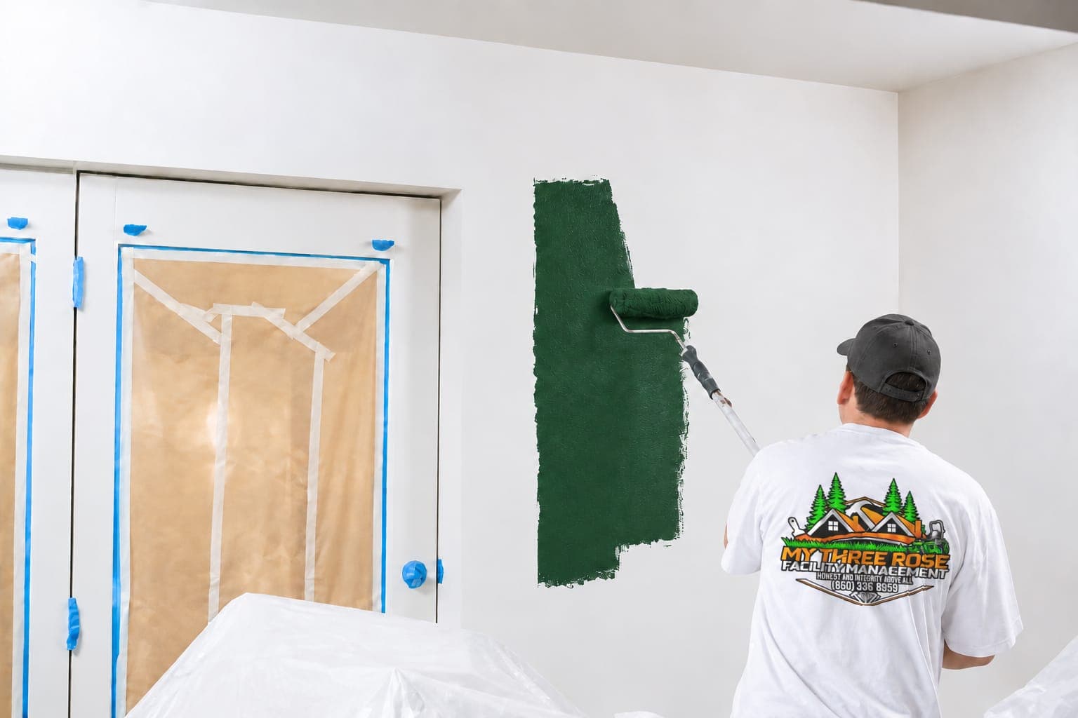 Painter rolling dark green paint onto a white wall beside closet doors masked with paper and blue tape