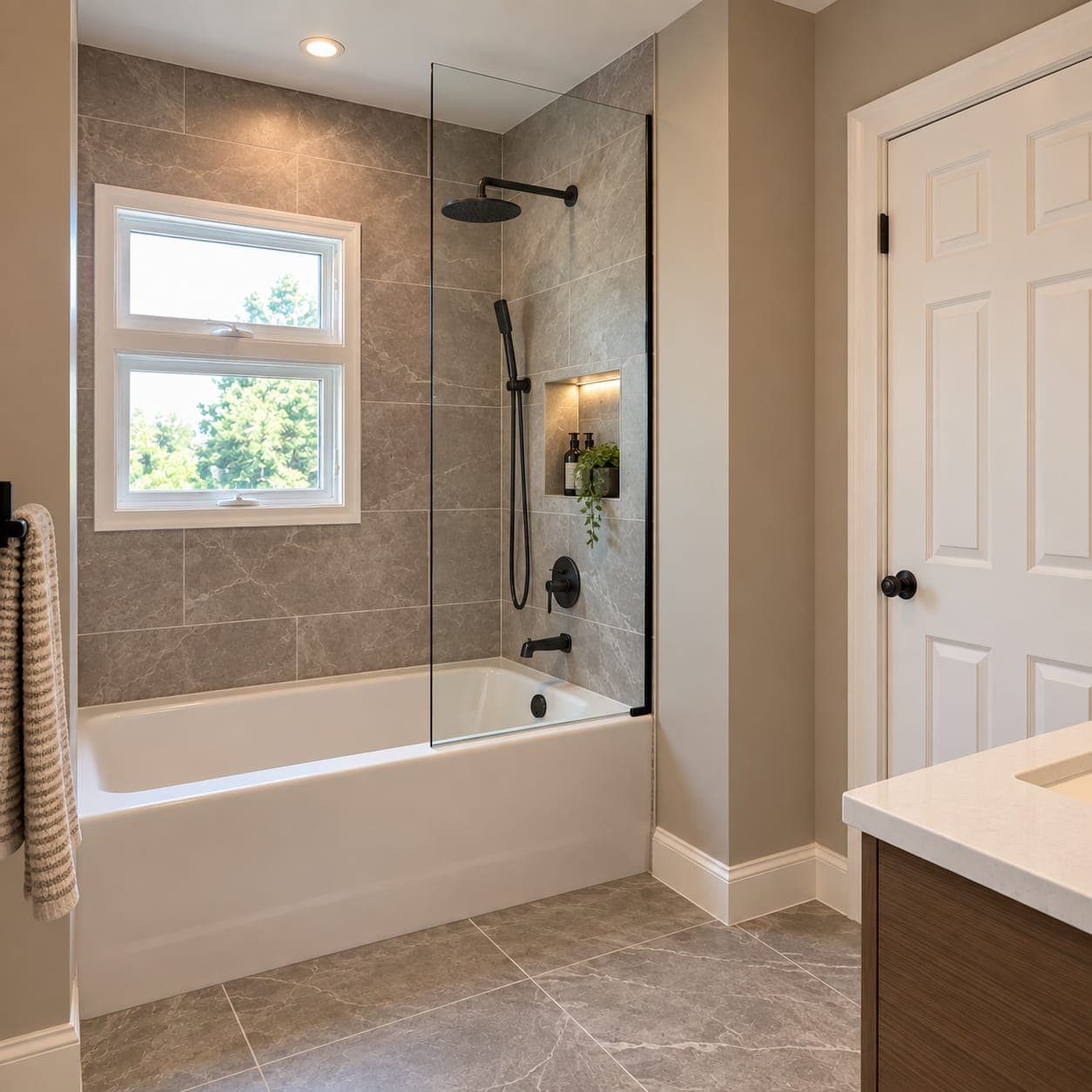 Bathroom with a white alcove tub, gray marble-look tile surround, glass shower panel and matte black fixtures