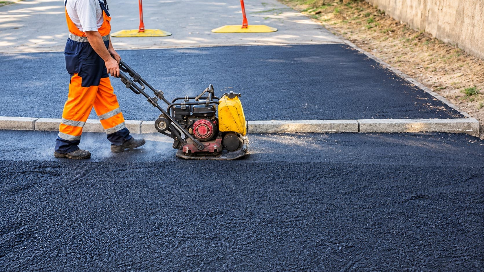 Worker in hi-vis overalls running a plate compactor over fresh black asphalt next to a concrete curb