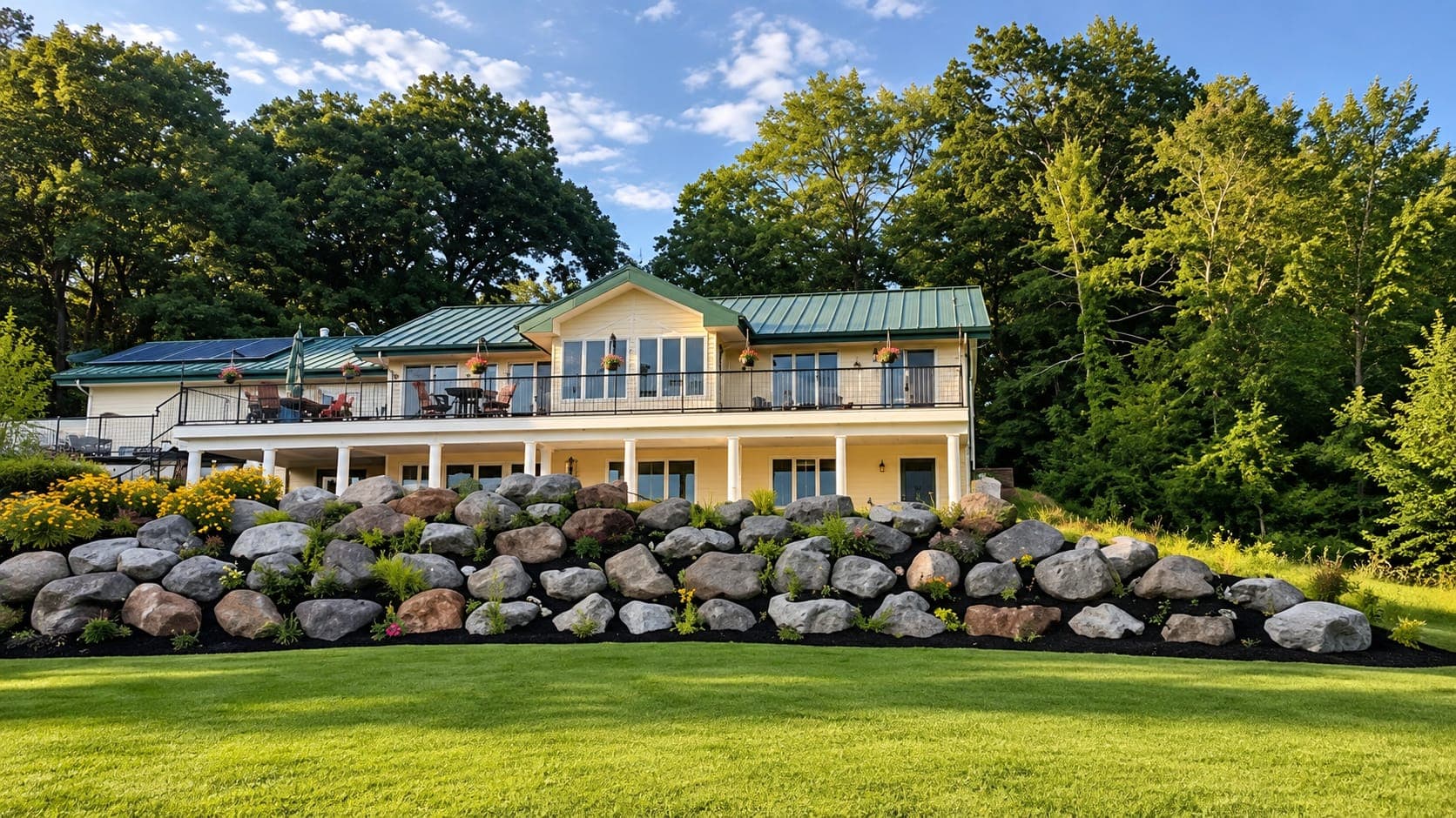 Boulder retaining wall with yellow flowers and ferns below a cream two-story home under a blue sky