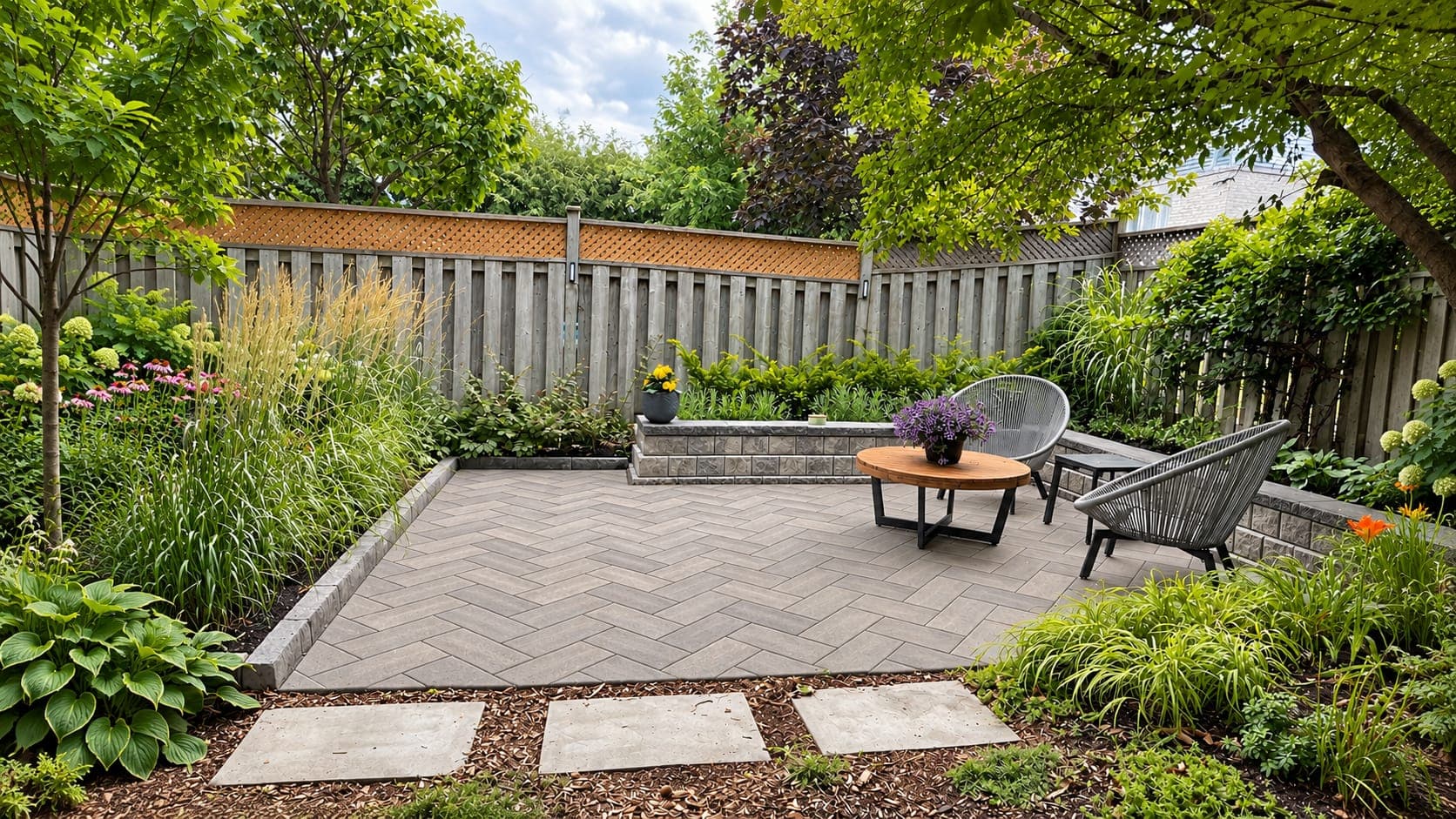Gray herringbone paver patio with a block seat wall, two rope lounge chairs and a round table amid garden beds