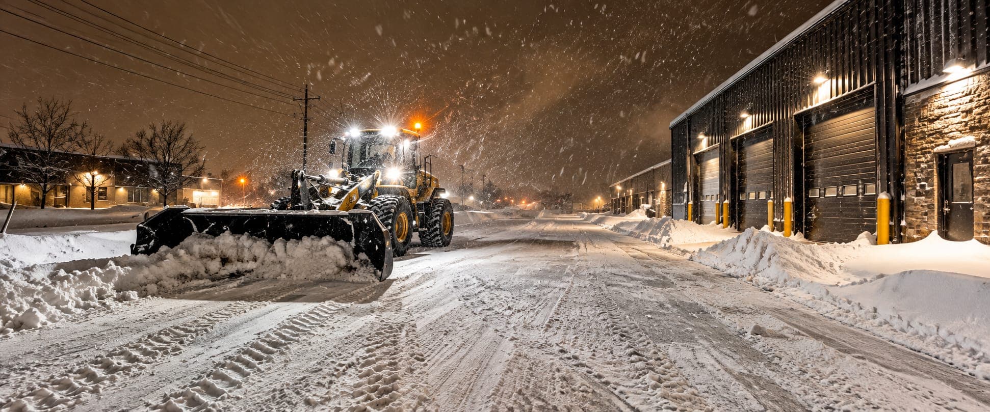 Wheel loader with a snow pusher clearing a lot beside commercial garage bays at night during a heavy snowstorm