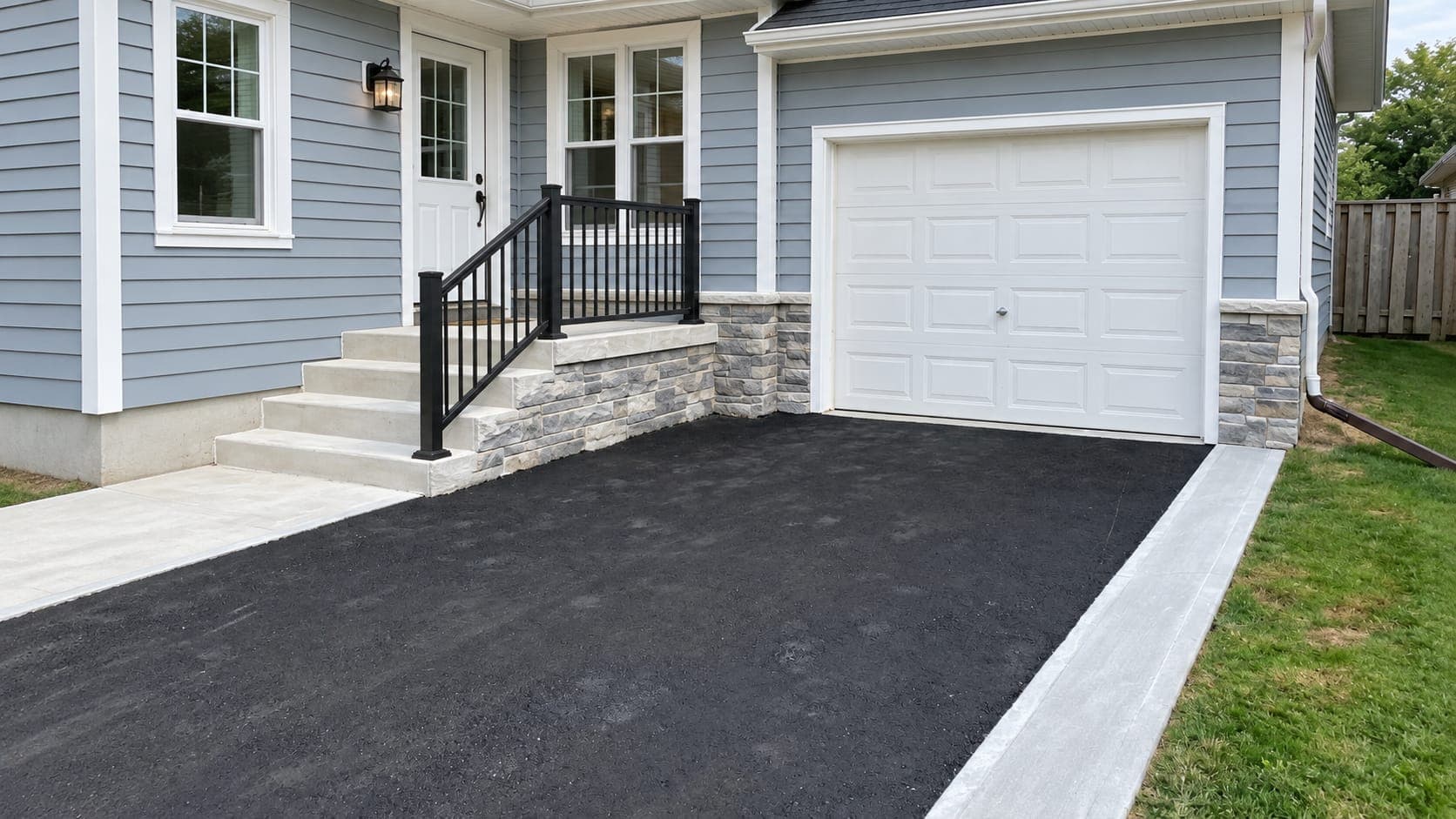 Freshly paved asphalt driveway leading to a white garage door and stone-faced front steps on a house with blue siding