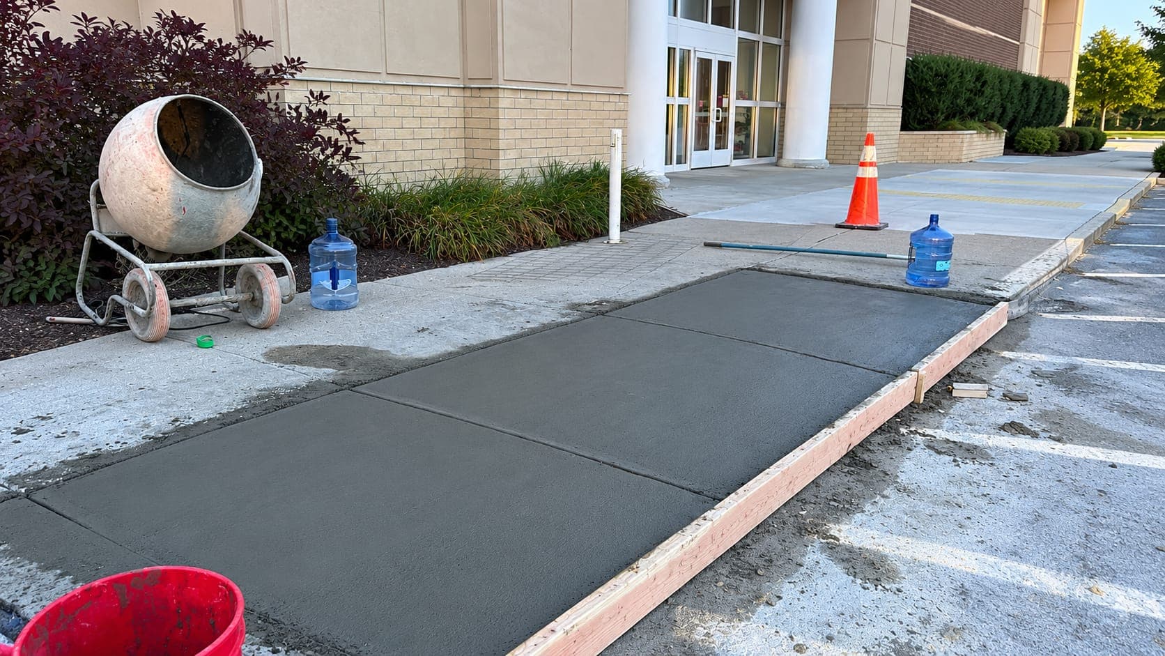 Freshly poured concrete sidewalk section in wood forms outside a commercial entrance, with a portable mixer and cone