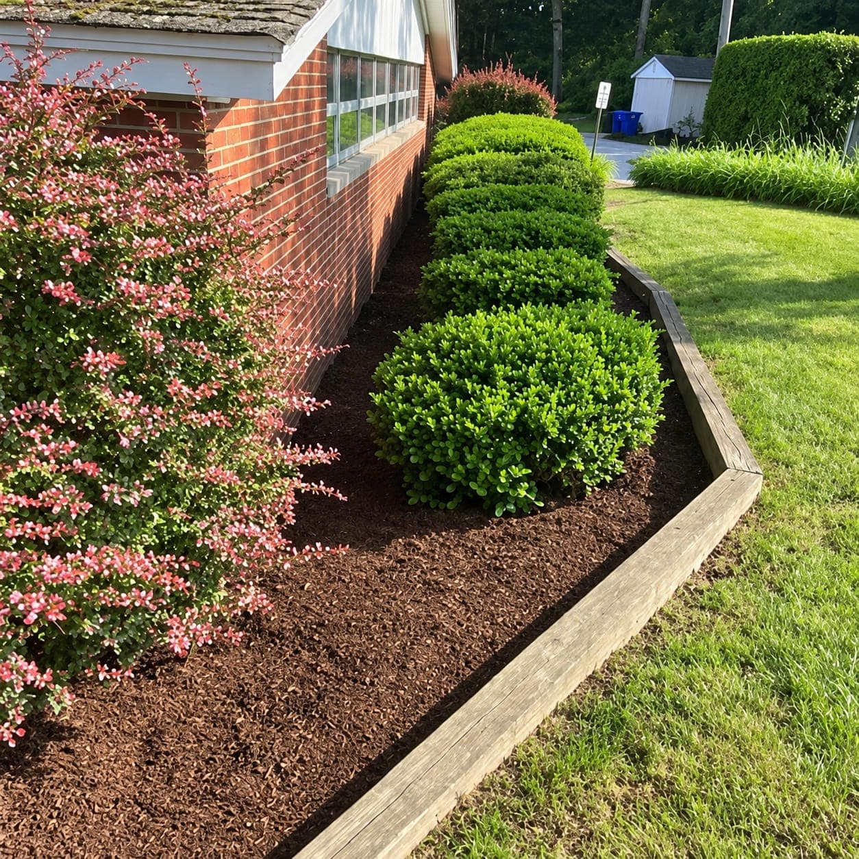 Mulch bed with timber edging, clipped round shrubs and a pink-tipped shrub along the side of a red brick building