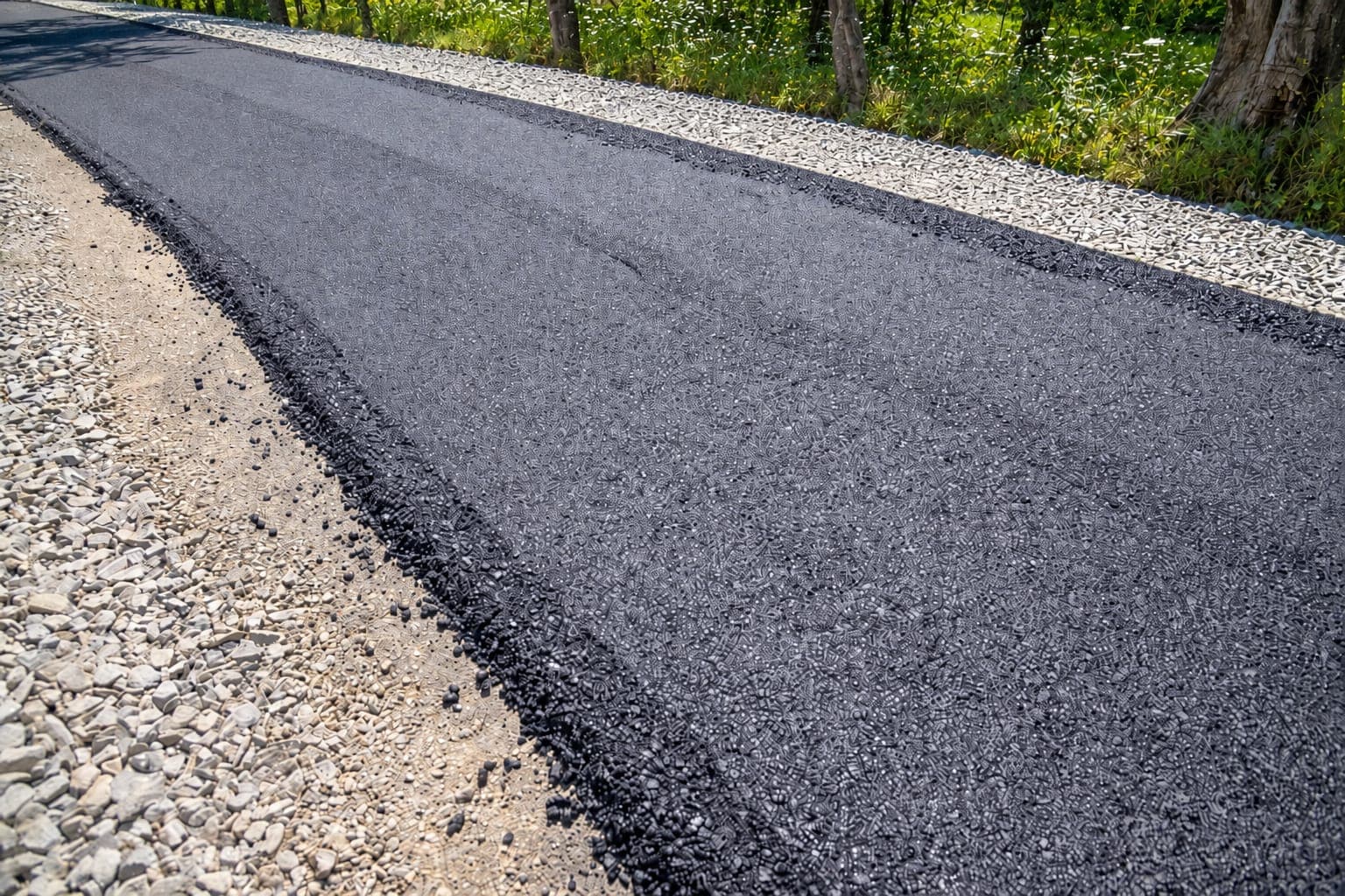 Freshly laid black asphalt strip with crushed-stone shoulders along a grassy, tree-lined edge