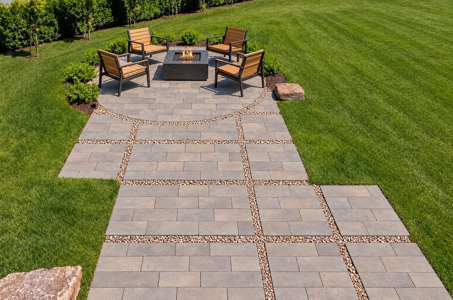 Gray paver patio and walkway divided by pebble strips, leading to a square fire pit with four wood-slat chairs