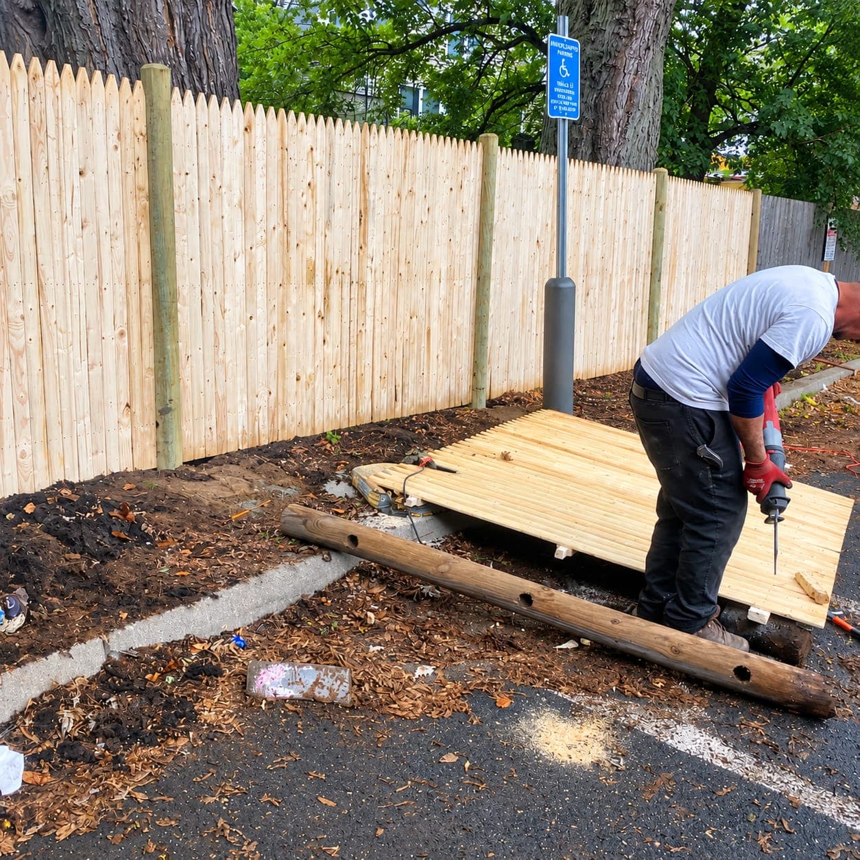 Worker using a reciprocating saw on a stockade panel laid on the pavement beside a newly installed stockade fence