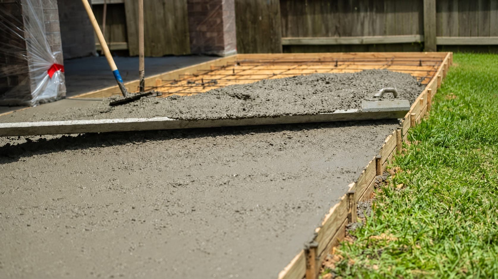 Fresh concrete spread over a rebar grid inside wood forms for a backyard slab, with a screed board and hand float