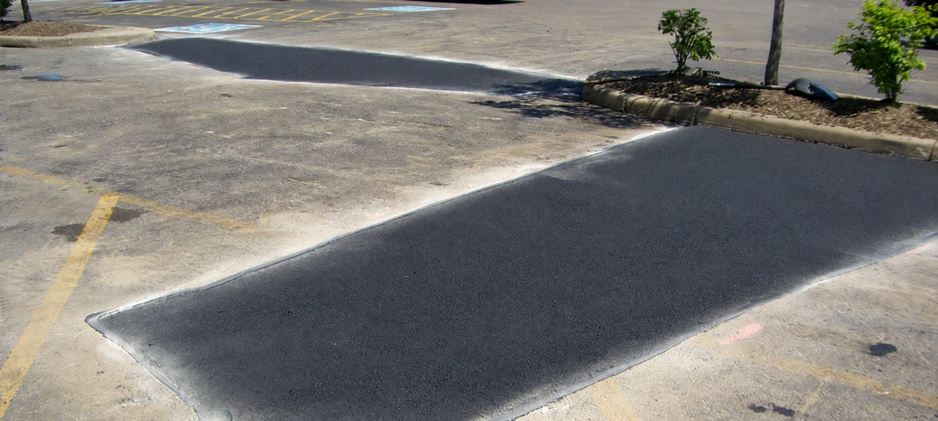 Two long rectangular asphalt patches with sealed edges in a faded parking lot beside a mulched tree island