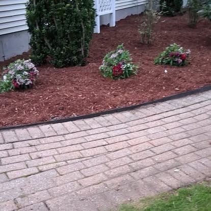 Freshly mulched bed with red and pink flowering plants and black edging along a curved paver walkway