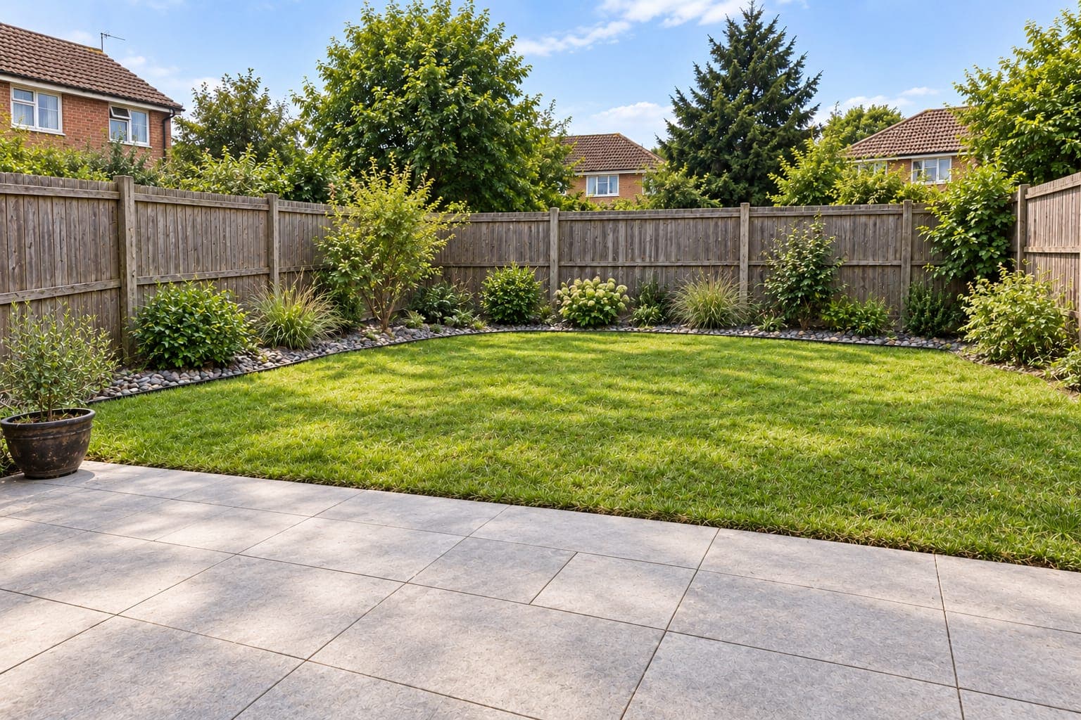 Fenced backyard with a gray slab patio, a lawn and curved planting beds edged with river stones
